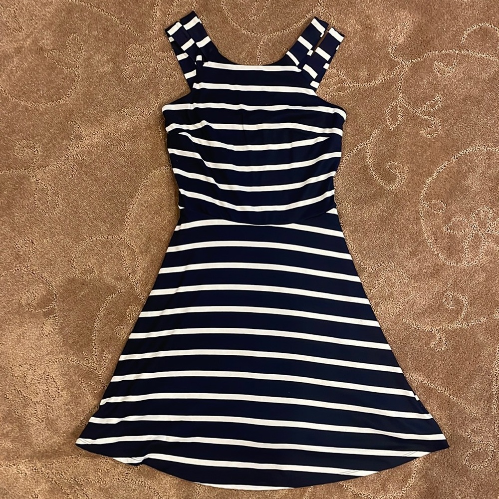 Navy white striped double strap dress, XS